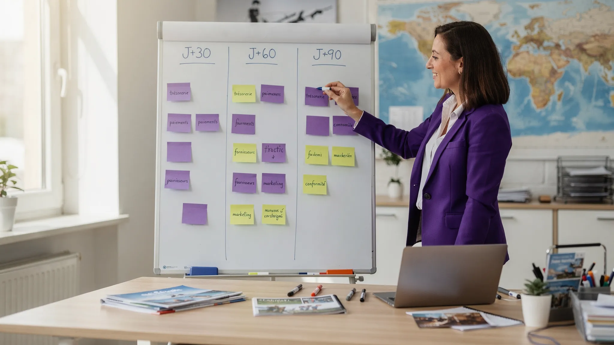 Une fondatrice d’agence de voyage organise un plan 90 jours sur un tableau avec colonnes J+30, J+60, J+90, avec des post-its sur trésorerie, paiements, fournisseurs, marketing et conformité.
