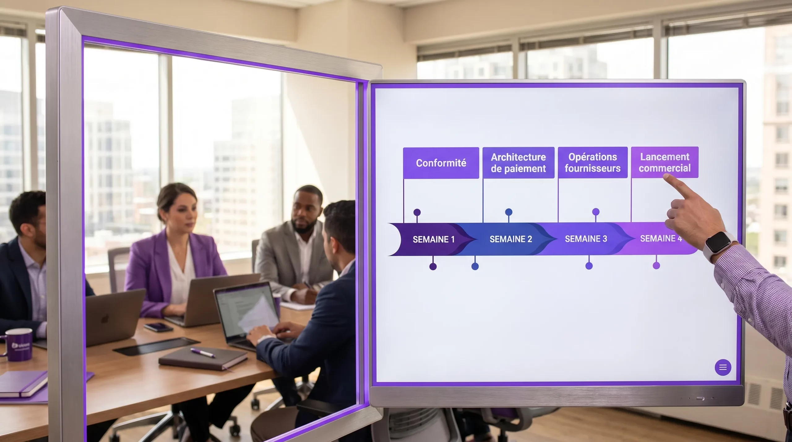 Une frise chronologique sur 30 jours, découpée en 4 semaines, montrant les priorités: conformité, architecture de paiement, opérations fournisseurs, puis lancement commercial.