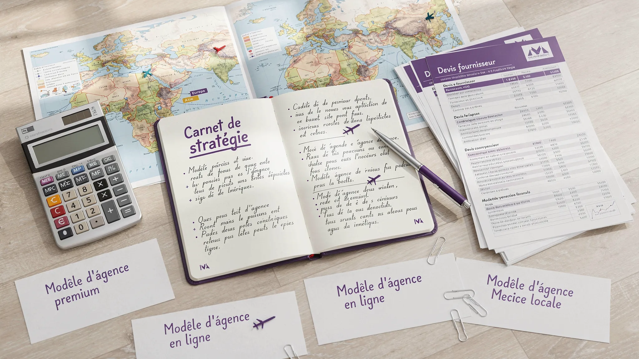 Un bureau de créateur d’agence de voyage avec un carnet de stratégie, des cartes de destinations, une calculatrice, des devis fournisseurs et plusieurs fiches représentant différents modèles d’agence.