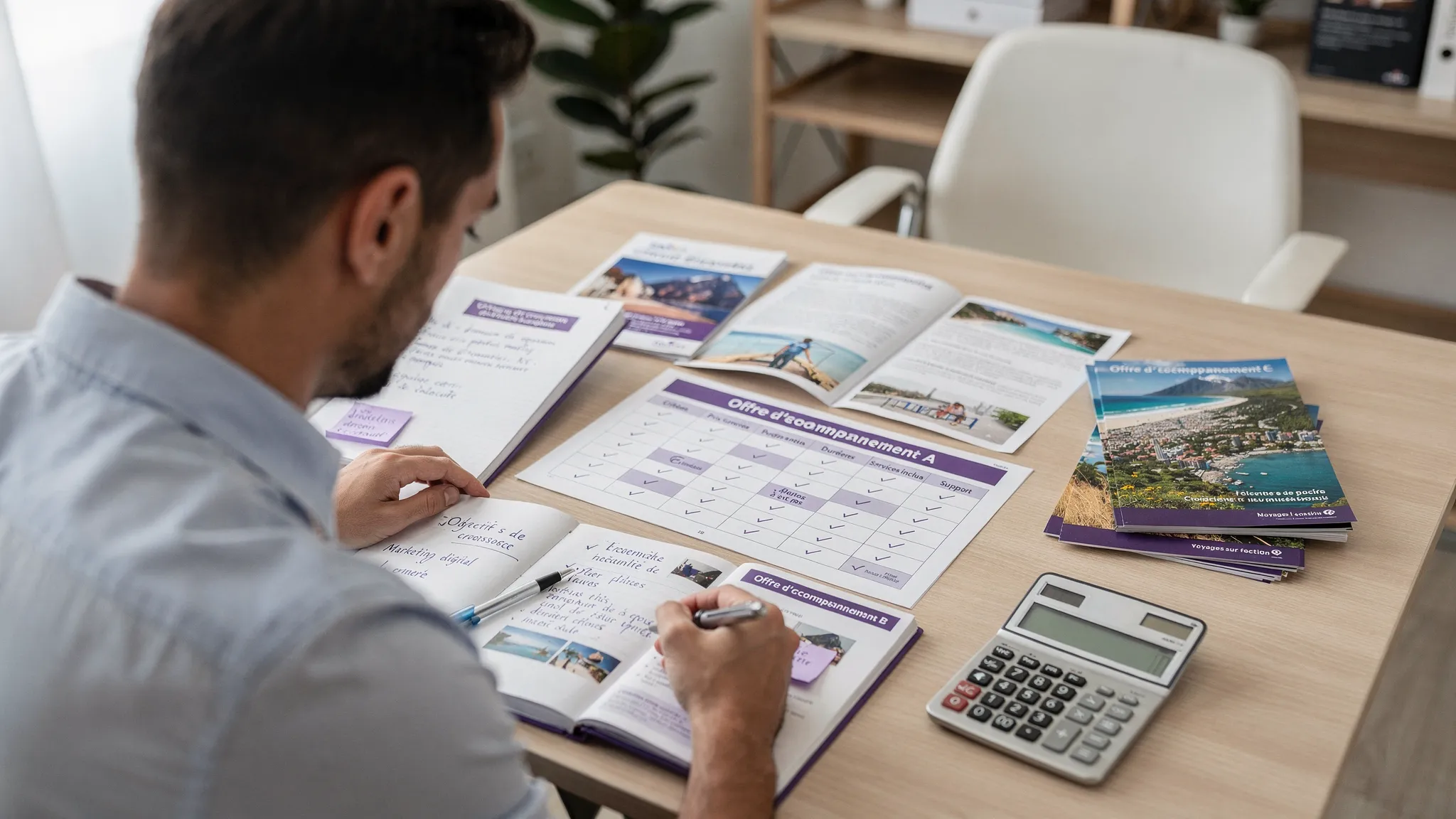Un créateur d’agence de voyage compare plusieurs offres d’accompagnement sur une table, avec une grille de critères imprimée, un carnet de notes, une calculatrice et des documents liés au tourisme.