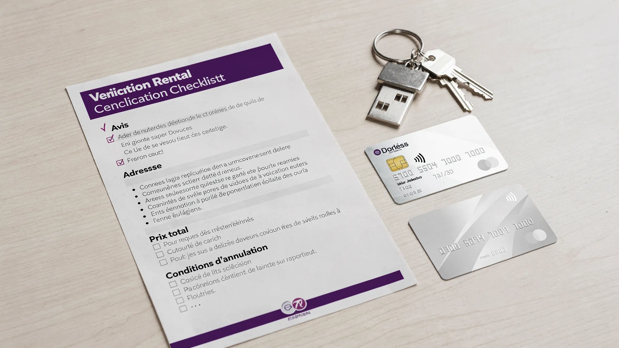 Une check-list de vérification de location de vacances posée à côté d’un contrat, de clés et d’une carte bancaire, avec des éléments comme avis, adresse, prix total et conditions d’annulation visibles sur des fiches papier.