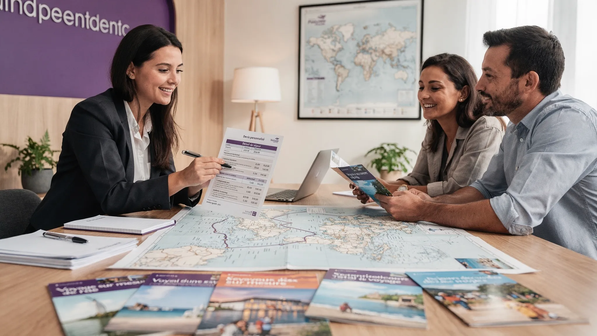 Une conseillère en agence de voyage indépendante présente une offre personnalisée à un couple de voyageurs autour d’une table, avec des brochures, une carte du monde et un devis clair au premier plan.