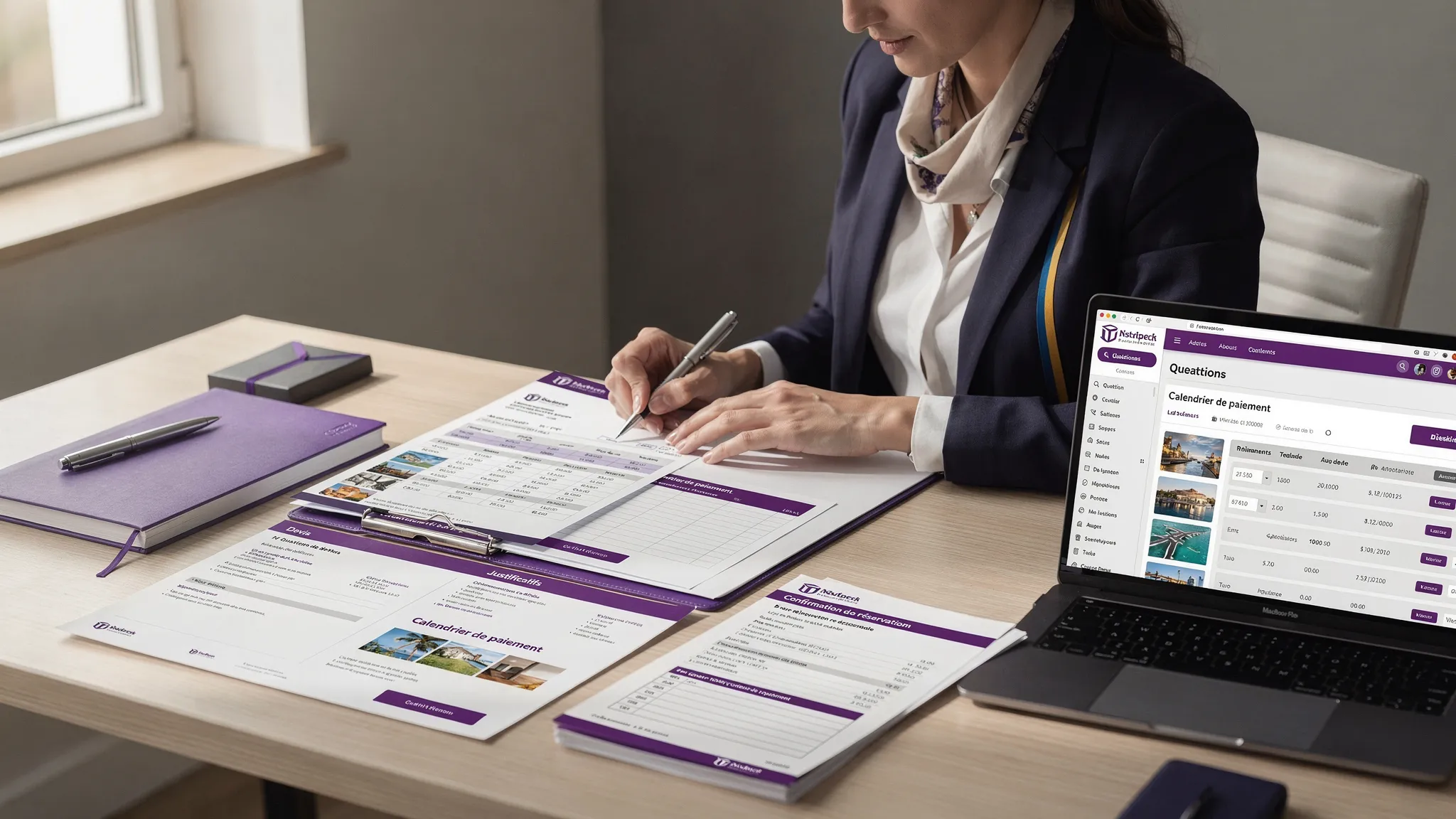 Une conseillère voyage prépare un dossier client avec devis, calendrier de paiement, confirmation de réservation et justificatifs organisés sur un bureau professionnel.