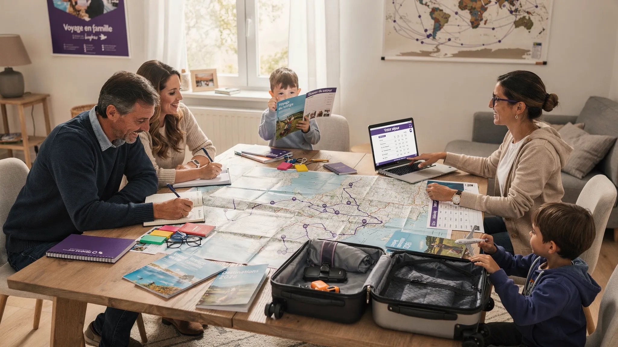 Une famille avec enfants prépare un voyage autour d’une table avec cartes, valises, carnets de notes et brochures, pendant qu’un conseiller voyage organise les étapes du séjour.