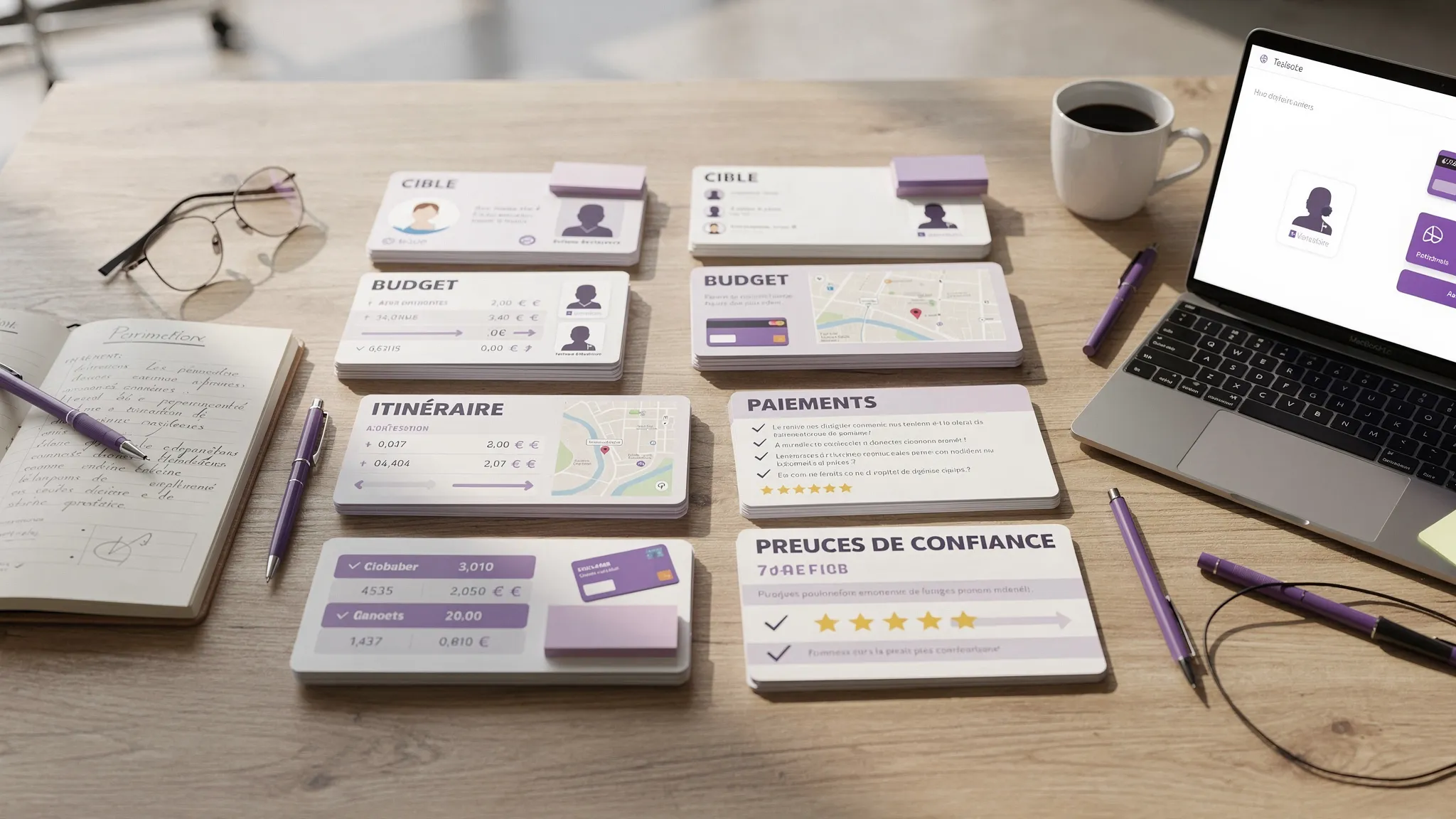 Une table de travail avec des fiches de voyage organisées par cible, budget, itinéraire, paiements et preuves de confiance, utilisée par une agence de voyage pour structurer une nouvelle offre.