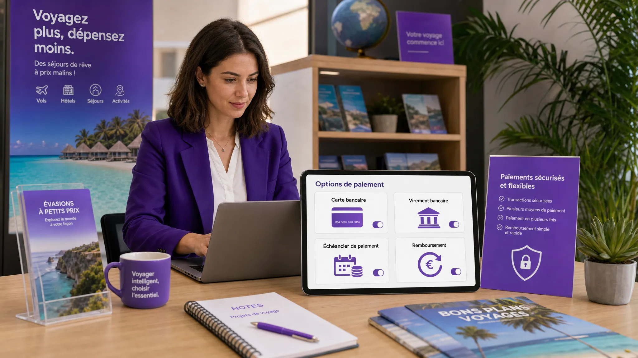 Un agent de voyage indépendant organise les paiements d’un site de voyages pas chers avec des cartes bancaires, virements, échéanciers et remboursements représentés par des éléments visuels simples sur un comptoir d’agence.