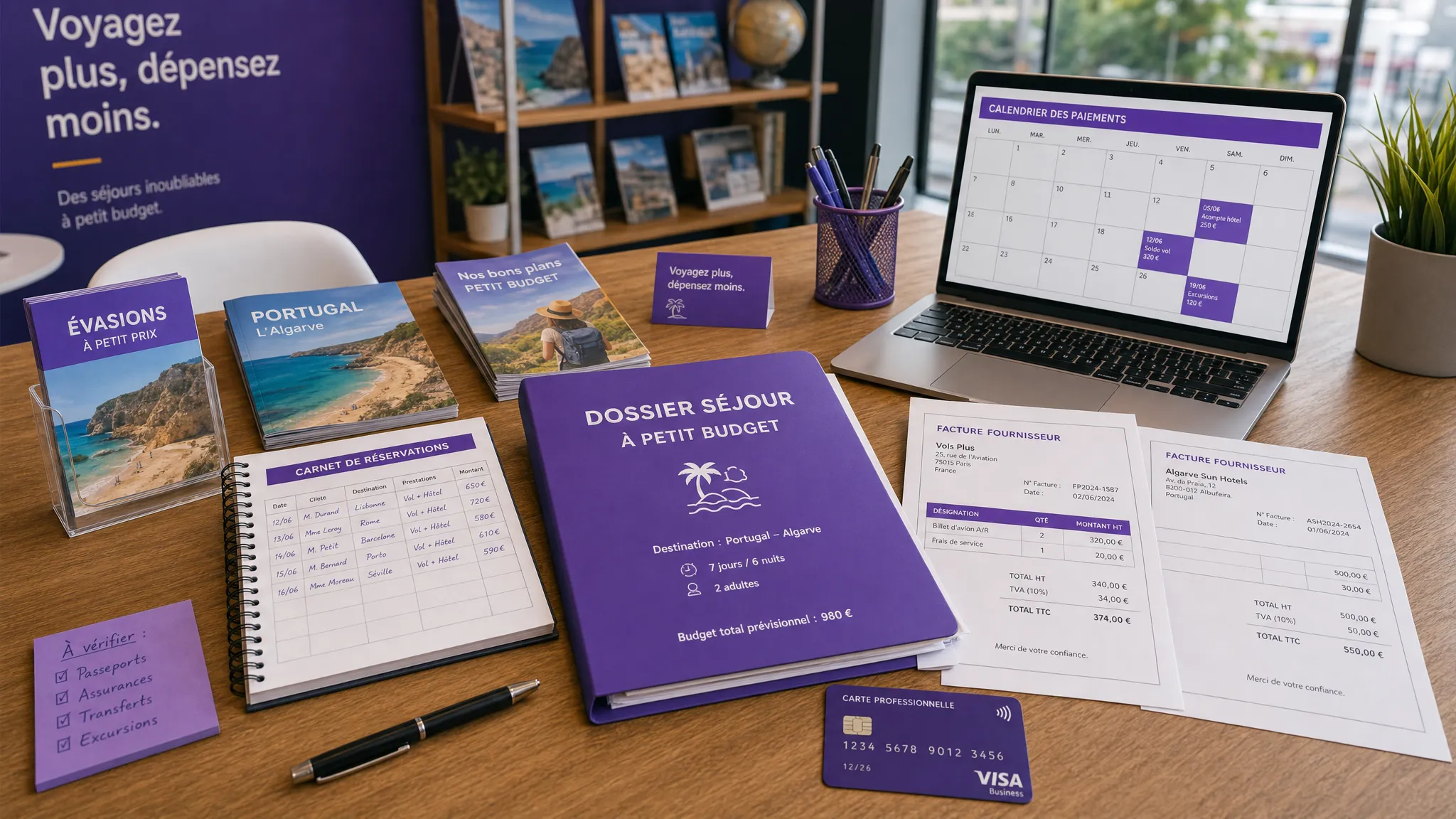 Un bureau d’agence de voyage avec un carnet de réservations, des brochures de destinations, une carte bancaire professionnelle, des factures fournisseurs et un calendrier de paiements organisé autour d’un dossier de séjour à petit budget.