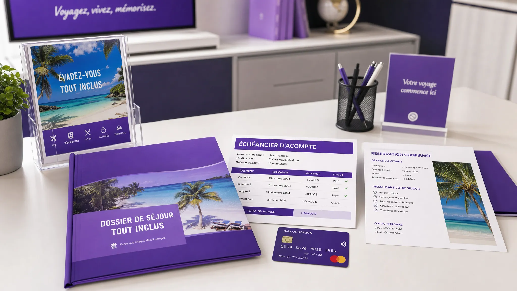 Un bureau d’agence de voyage avec un dossier de séjour tout inclus, un échéancier d’acompte imprimé, une carte bancaire et des documents de réservation soigneusement organisés sur la table.