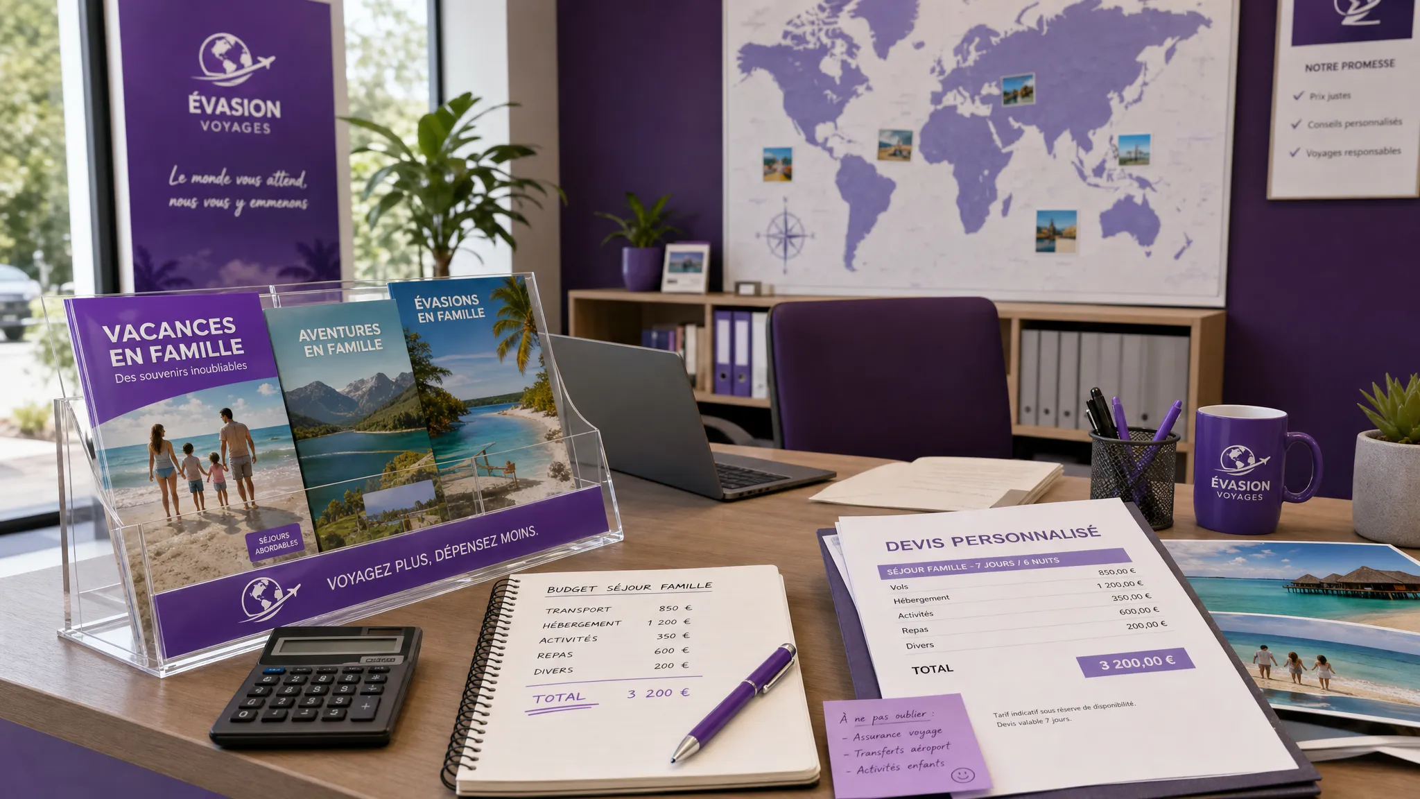 Un bureau d’agence de voyage vu en léger angle avec des brochures de séjours familiaux, une carte murale en arrière-plan, une calculatrice, des notes de budget et des documents de devis pour organiser une offre de vacances abordable.