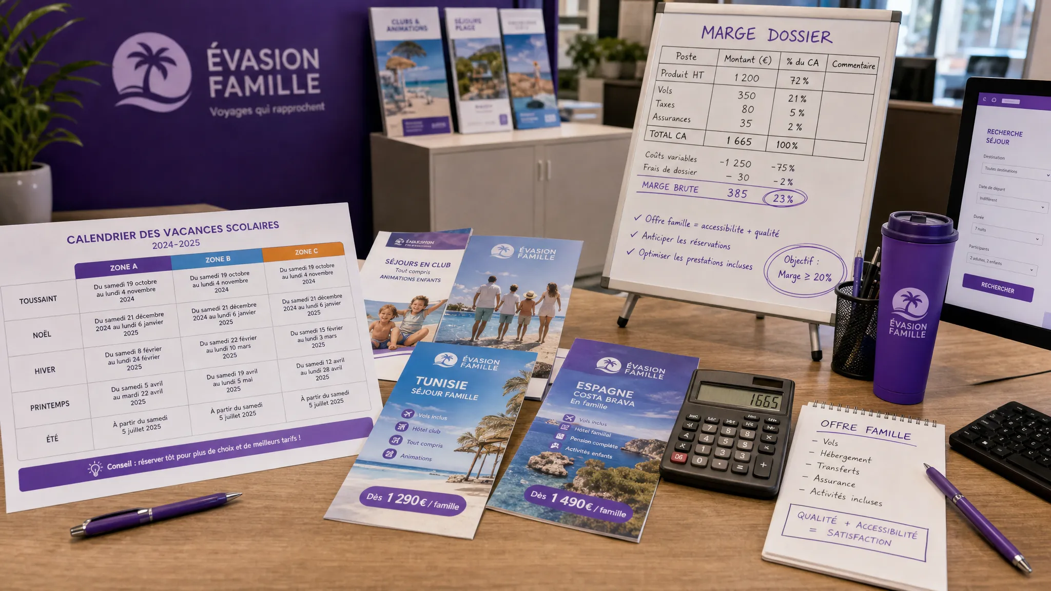 Un bureau d'agence de voyage vu en légère plongée avec un calendrier de vacances scolaires, des brochures familiales, une calculatrice et un tableau de marge dossier annoté, illustrant la construction d'une offre de vacances famille accessible et rentable.
