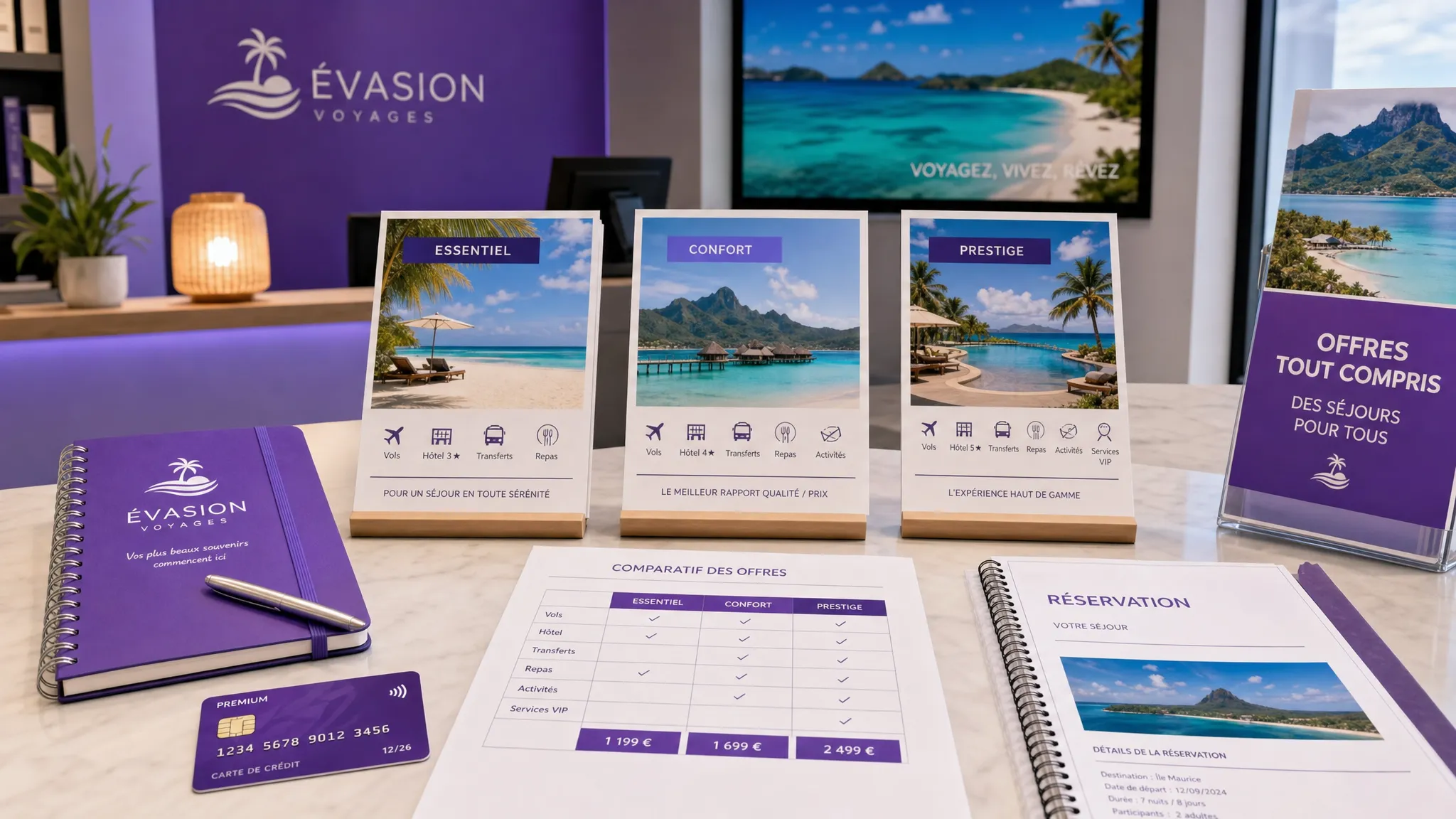 Un comptoir d’agence de voyage avec brochures de séjours tout compris, carnet de notes, carte bancaire et documents de réservation organisés pour comparer trois niveaux d’offres.