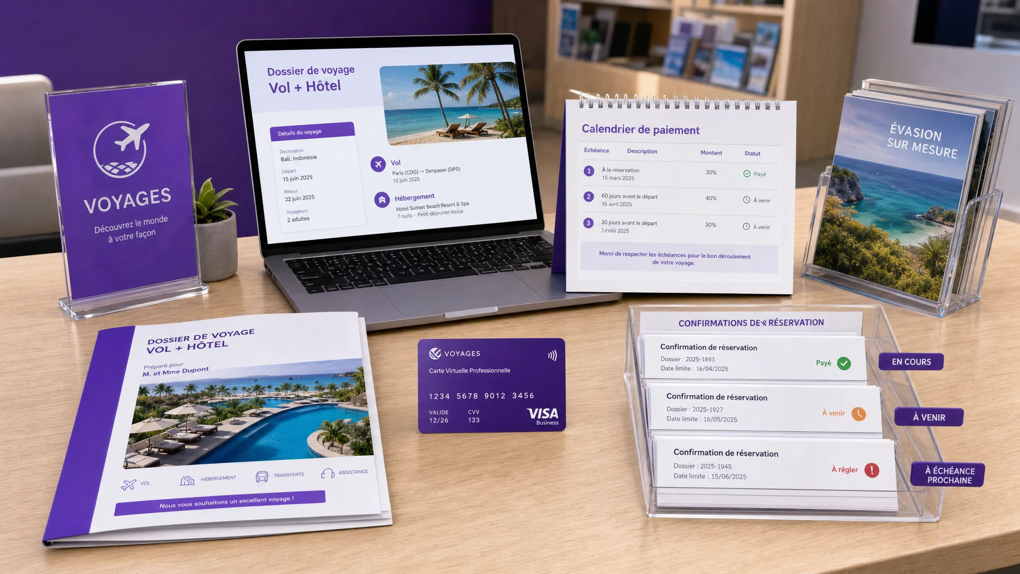 Un comptoir d’agence de voyage avec un dossier vol plus hôtel, un calendrier de paiement, une carte virtuelle professionnelle et des confirmations de réservation classées par échéance, vus en légère plongée avec des documents bien alignés et un espace de travail ordonné.