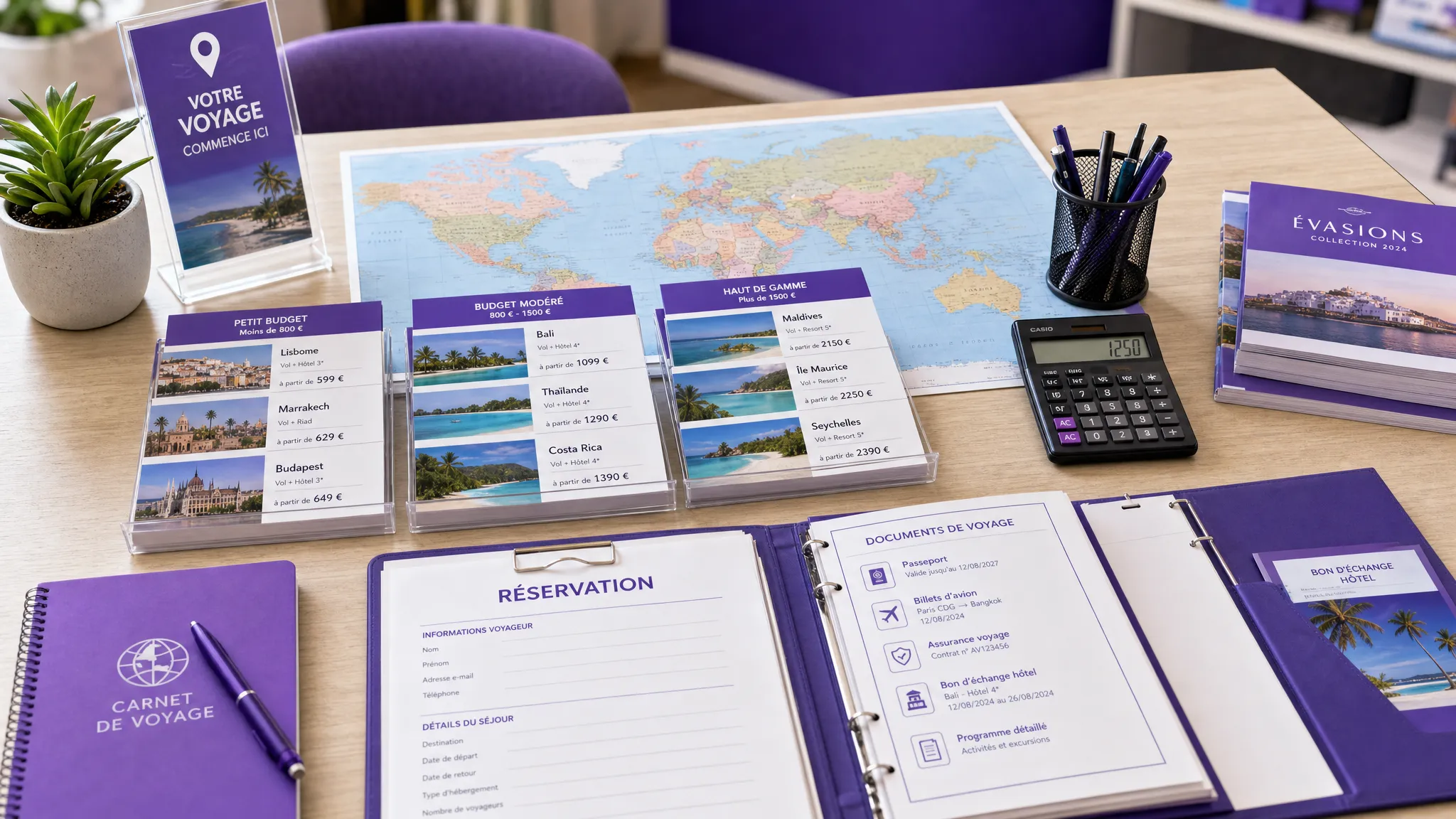Un comptoir d'agence de voyage avec une carte du monde, une calculatrice, des fiches d'offres classées par budget et des documents de réservation soigneusement organisés, vus en légère plongée sur un bureau clair.