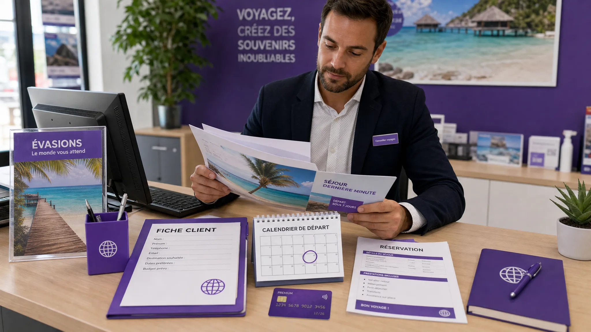 Un conseiller en agence de voyage examine un dossier de séjour de dernière minute avec une fiche client, un calendrier de départ, une carte bancaire et des documents de réservation organisés sur un bureau.
