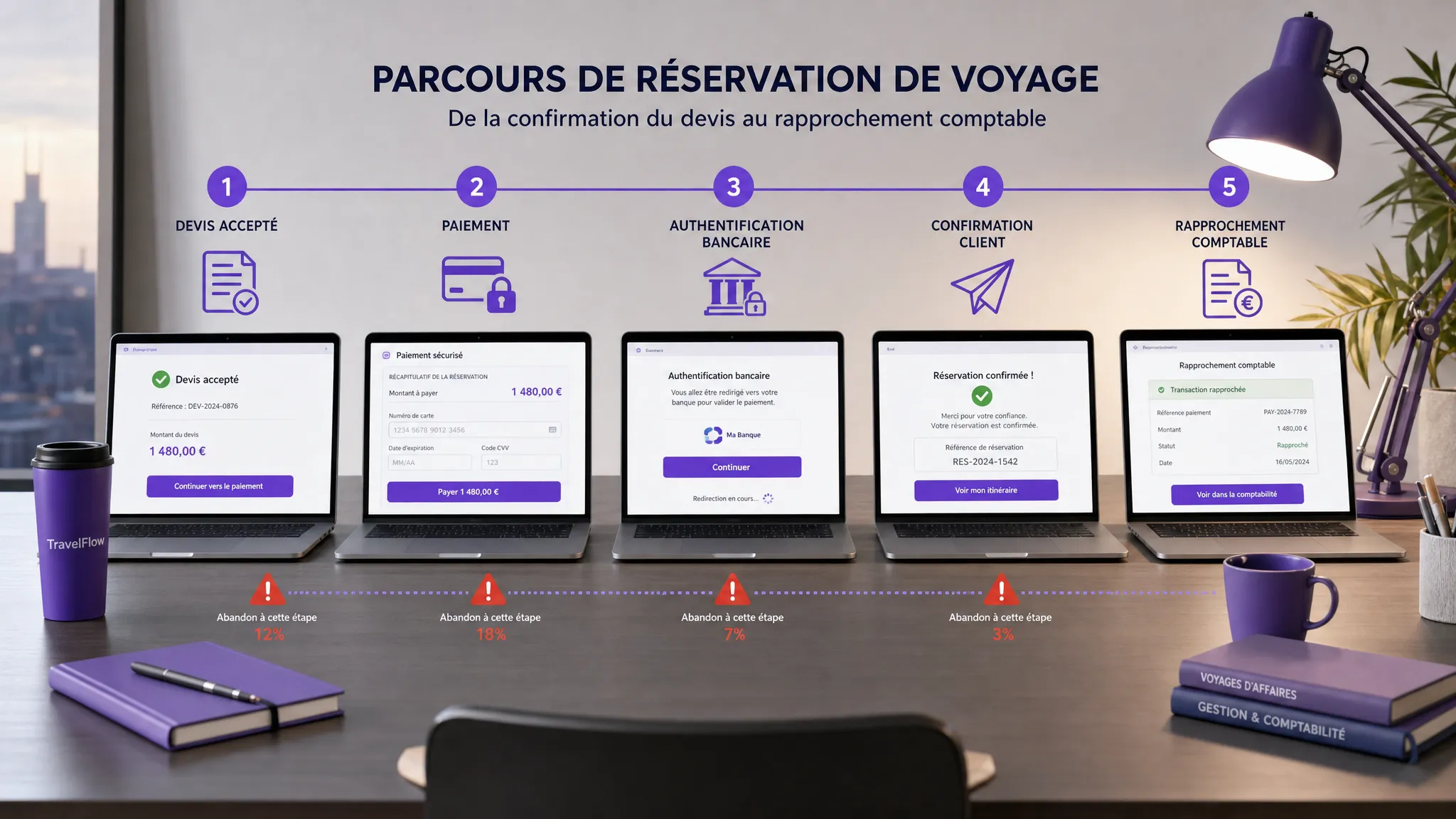 Vue large d’un parcours de réservation de voyage avec les étapes devis accepté, page de paiement, authentification bancaire, confirmation client et rapprochement comptable, illustrées comme une suite de jalons sur un bureau organisé, avec des points d’alerte sur les abandons.