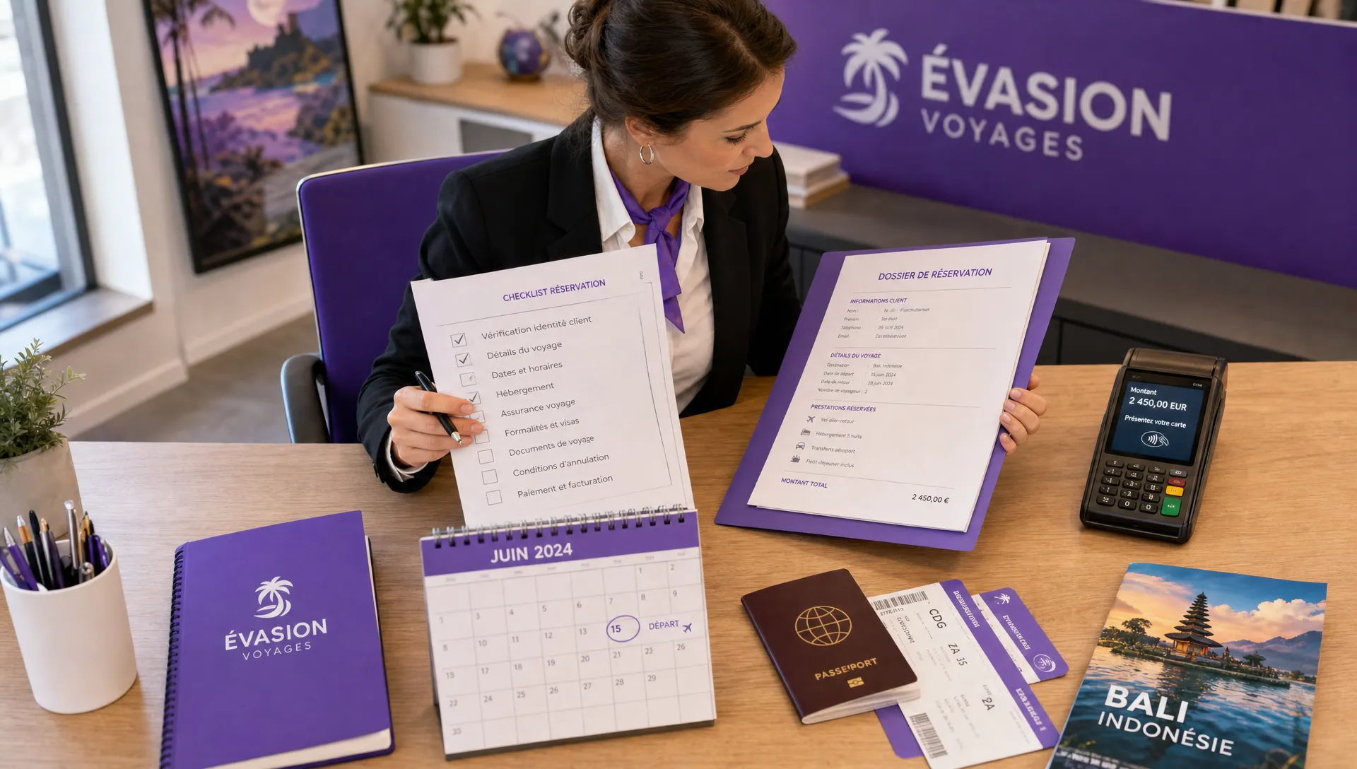 Un agent de voyage vérifie une checklist papier et un dossier de réservation avant encaissement, avec un terminal de paiement, des documents de voyage et un calendrier de départ posé sur le bureau, dans un bureau d’agence vu en légère plongée.