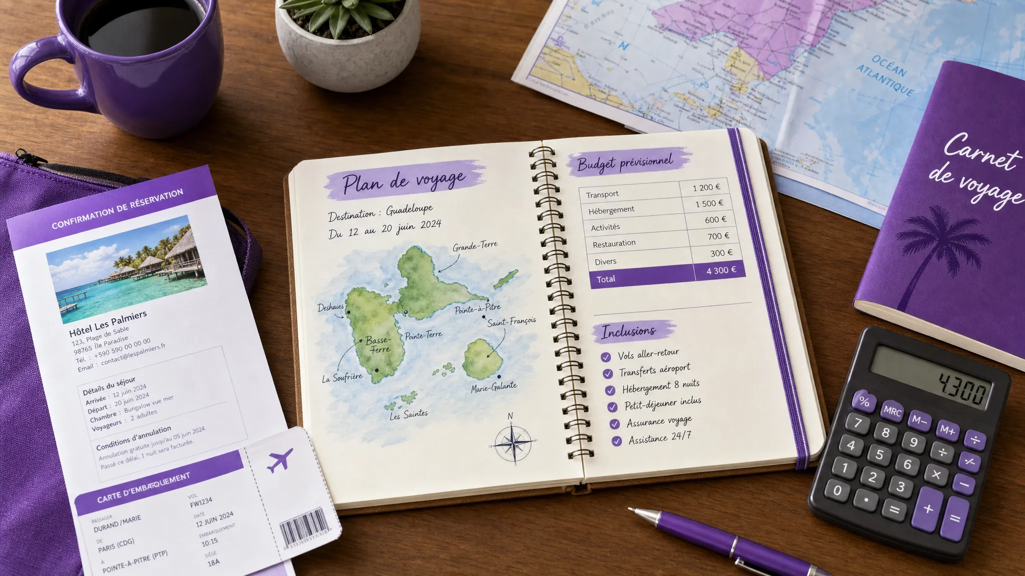 Un carnet de voyage ouvert avec une carte, une calculatrice, une fiche budget, une liste des inclusions et quelques documents de réservation posés sur une table.